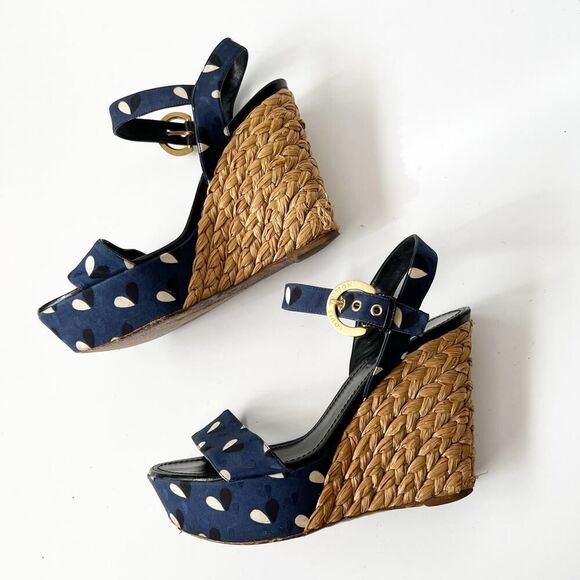 Louis Vuitton Navy Blue Fabric Braided Espadrille Wedges Heels Sandals Size 8.5 - Picture 6 of 15